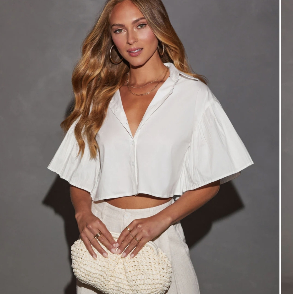 Lori Pleated Short Sleeve Cropped Buttoned Shirt